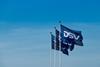 Green and blue DSV flags waving in the wind against a clear sky backdrop