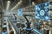 A high-tech manufacturing facility with a strong emphasis on machinery, robotics, and AI-driven automation