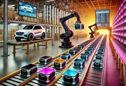 DALL·E 2025-02-20 17.47.51 - A futuristic automotive logistics warehouse with advanced automation. In the foreground, robotic arms and automated mobile robots (AMRs) handle standa