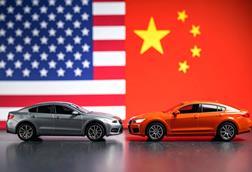 Cars in front of US and China flags - AI Generated