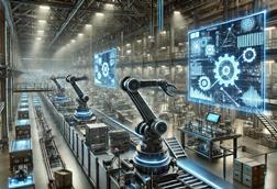 A high-tech manufacturing facility with a strong emphasis on machinery, robotics, and AI-driven automation