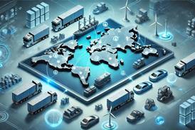 DALL·E 2025-01-23 16.10.30 - A futuristic infographic-style digital rendering of global automotive logistics, showcasing a world map as the base with 3D elements representing inte