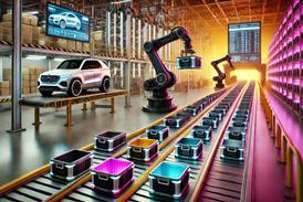 DALL·E 2025-02-20 17.47.51 - A futuristic automotive logistics warehouse with advanced automation. In the foreground, robotic arms and automated mobile robots (AMRs) handle standa