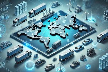 DALL·E 2025-01-23 16.10.30 - A futuristic infographic-style digital rendering of global automotive logistics, showcasing a world map as the base with 3D elements representing inte