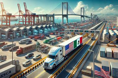 DALL·E 2025-01-21 12.31.01 - A photorealistic depiction of a vibrant automotive logistics scene symbolizing US-Mexico nearshoring. The foreground features a semi-truck crossing a