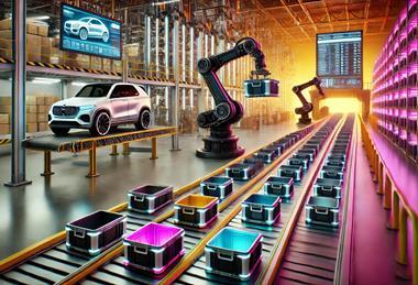 DALL·E 2025-02-20 17.47.51 - A futuristic automotive logistics warehouse with advanced automation. In the foreground, robotic arms and automated mobile robots (AMRs) handle standa