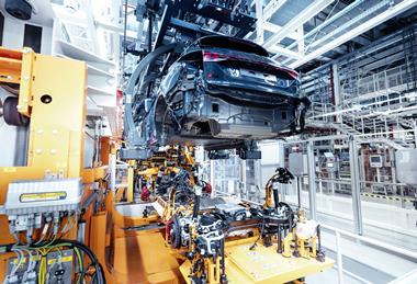 The marriage of chassis, battery and body at Audi's plant in Ingolstadt