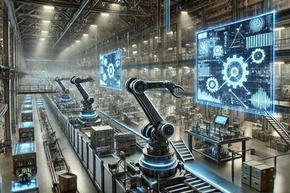 A high-tech manufacturing facility with a strong emphasis on machinery, robotics, and AI-driven automation