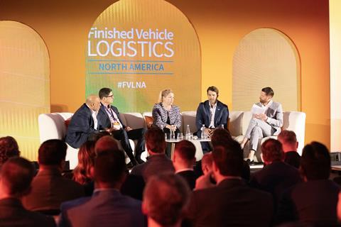 FVL NA 2025 (L to R) Anu Goel, VW Group of America; Christoph Seitz, DP World; Christine Krathwohl, FreightVerify; John Perkovich, RPM; Christopher Ludwig, Automotive Logistics