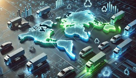 DALL·E 2025-02-05 13.13.56 - A futuristic digital illustration of an automotive logistics network visualizing emissions tracking. A world map with interconnected supply chain rout