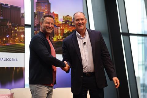 (L to R) Jon Jacobson, executive board member, Catena-X and Kevin Piotrowski, chief transformation officer, Automotive Industry Action Group (AIAG) address ALSC DS NA