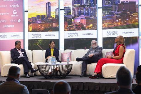 (L to R) Riad Mannan, Automotive Logistics; Nicole Stevenson, Flex Automotive; Pramita Mitra, Ford; Thomas Roesch, Cofinity-X and Catena-X; Dr Chris Schlueter Langdon, Catena-X Automotive Network; and Dr Bing Xu, Catena-X North America Hub and AIAG.