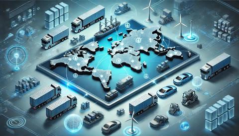 DALL·E 2025-01-23 16.10.30 - A futuristic infographic-style digital rendering of global automotive logistics, showcasing a world map as the base with 3D elements representing inte