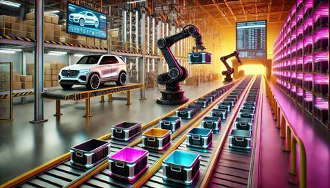 A futuristic automotive logistics warehouse with advanced automation. In the foreground, robotic arms and automated mobile robots (AMRs) handle standa