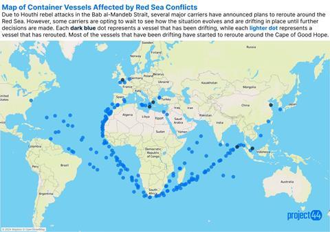 Red Sea Impacted Vessels as of 09:01:2023. Image credit: Project44