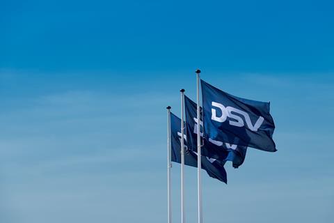 Green and blue DSV flags waving in the wind against a clear sky backdrop