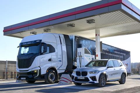 H2Haul pilot project BMW Group Logistics, fuel cell truck and passenger car at hydrogen refuelling station