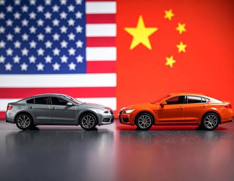 Cars in front of US and China flags - AI Generated