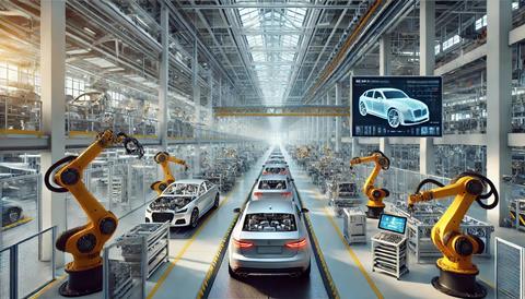A high-tech European vehicle production facility, showcasing an advanced automotive assembly line with robotic arms assembling modern cars. 