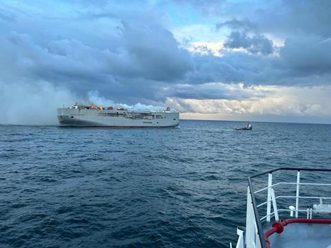 K Line Fremantle Highway on fire in North Sea