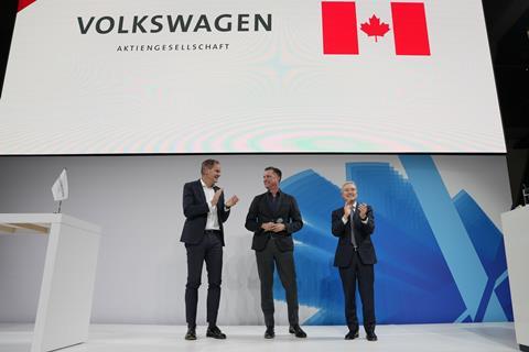 Oliver Blume, CEO, VW; Thomas Schmall, head of technology at VW;  Canadian minister for Innovation, Science and Industry, François-Philippe Champagne