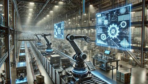 A high-tech manufacturing facility with a strong emphasis on machinery, robotics, and AI-driven automation