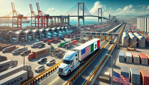 DALL·E 2025-01-21 12.31.01 - A photorealistic depiction of a vibrant automotive logistics scene symbolizing US-Mexico nearshoring. The foreground features a semi-truck crossing a