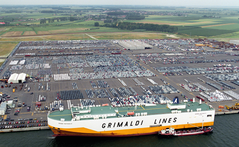 A Grimaldi vessel docking awaiting for vehicle loading